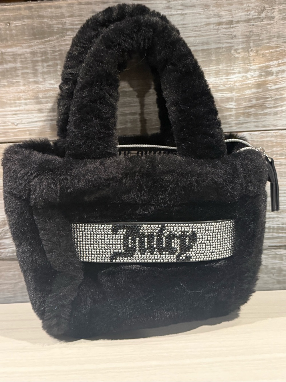Juicy faux fur Plush Black Tote with Rhinestone Accent - Picture 2 of 5